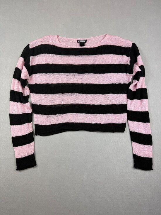 Hot Topic Sweaters - Hot Topic Y2K Pink Black Striped Cropped Mesh Knit Sweater Women's Medium